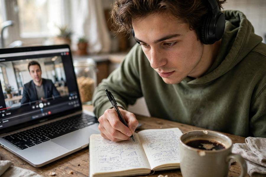 Student watching a recorded business lecture on a laptop