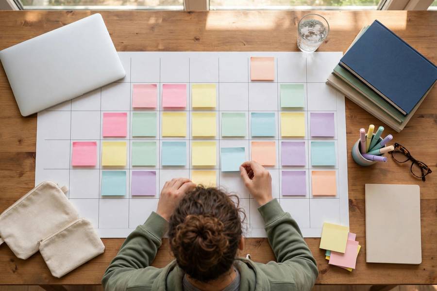 Graduate student reviewing MBA course schedule on a calendar