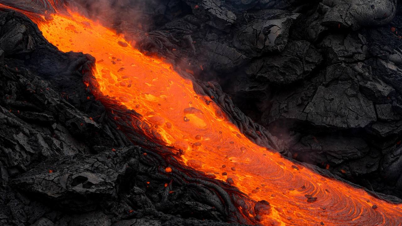 Glowing lava flowing in a channel through black volcanic rock