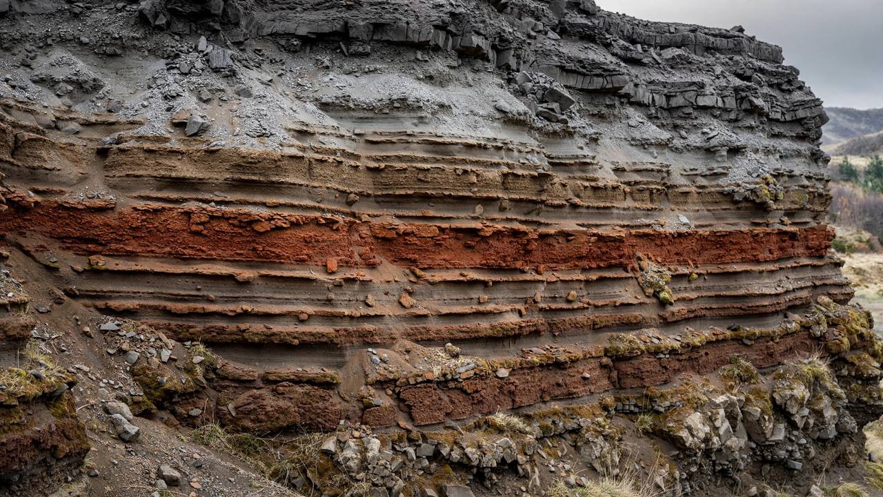 Layers of volcanic ash and rock built up in a cliff face
