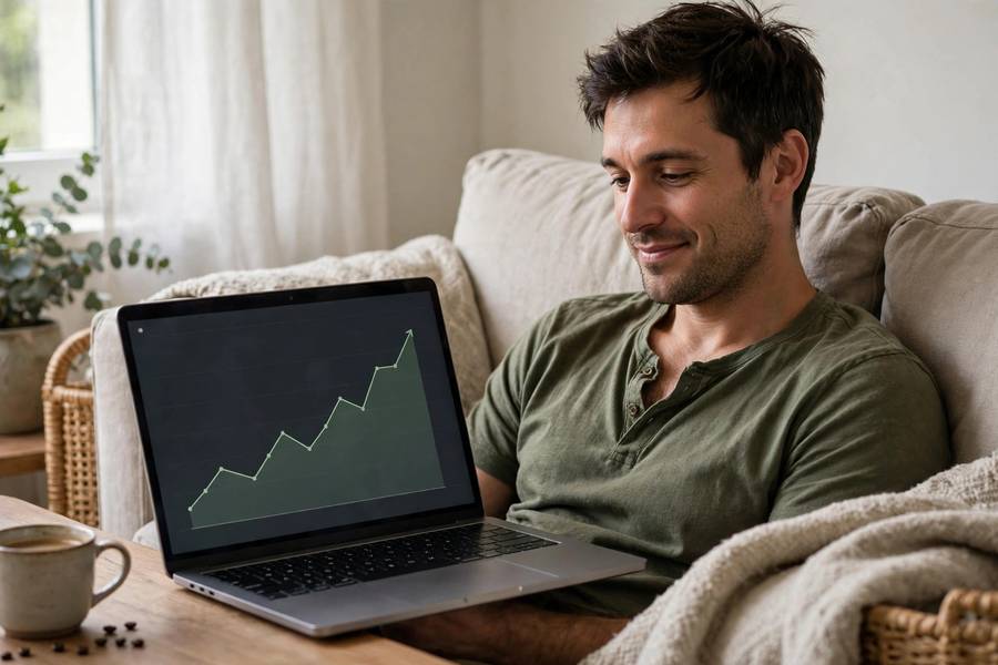 Person relaxing while laptop shows passive earnings