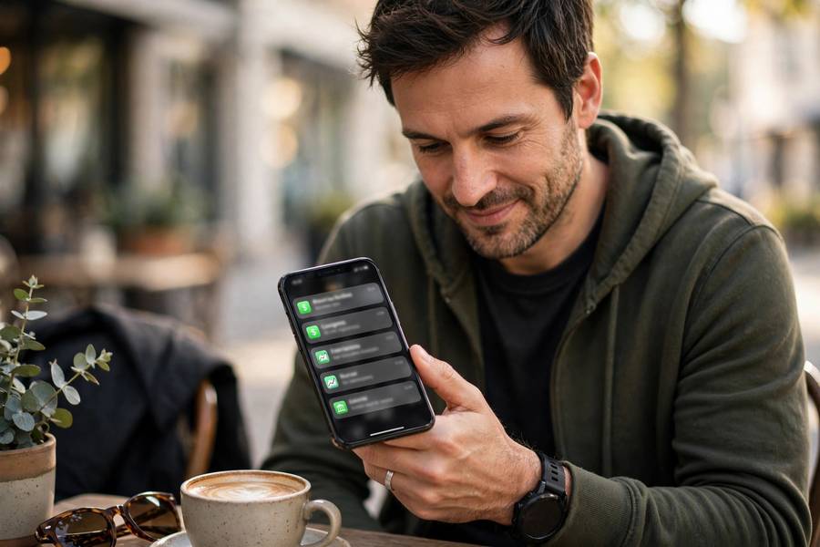 Entrepreneur checking phone with income notifications
