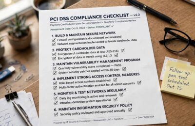 A compliance checklist showing PCI DSS requirements with checkmarks