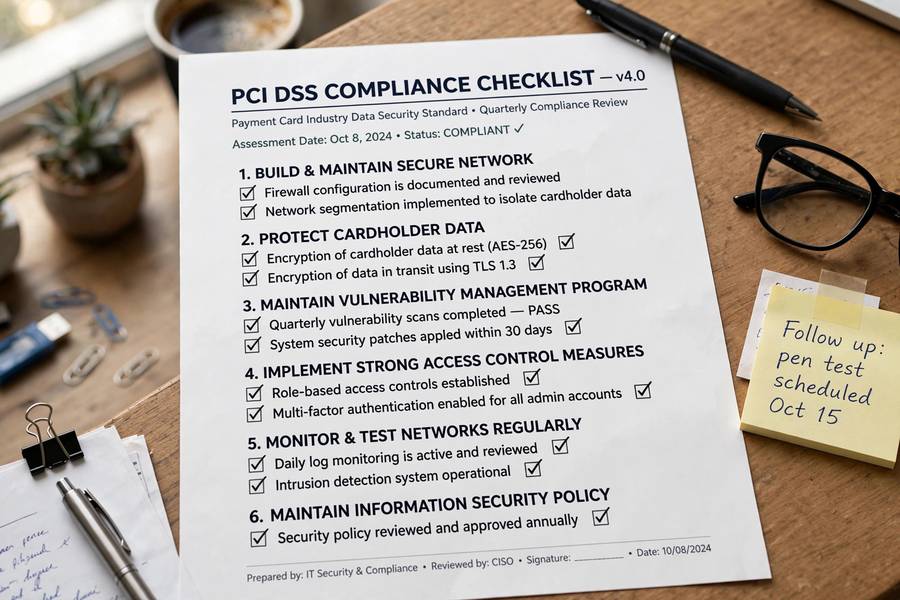 A compliance checklist showing PCI DSS requirements with checkmarks
