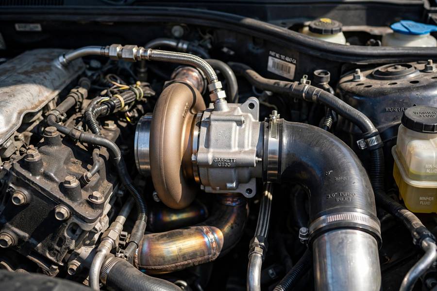 Turbocharged engine producing a broad peak torque RPM range