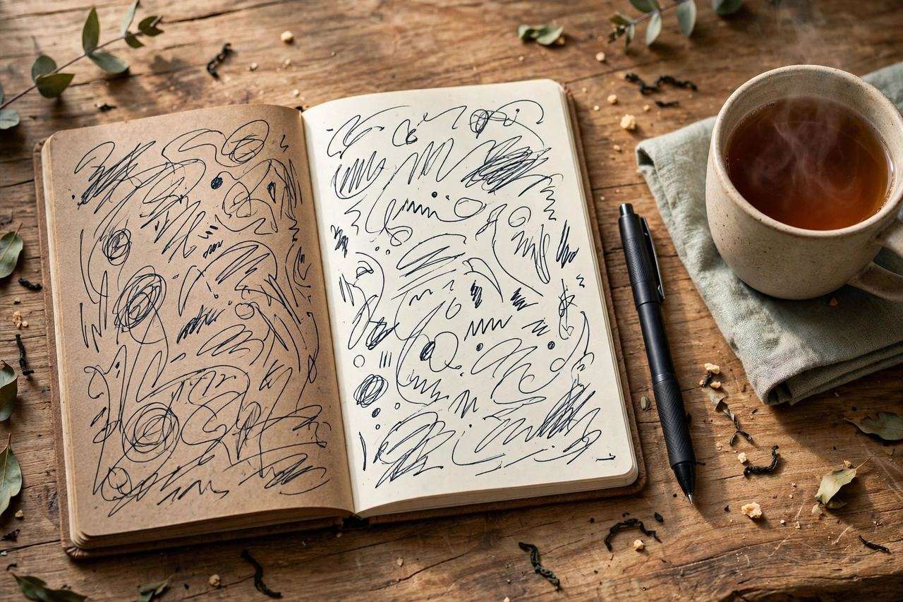 A notebook filled with handwritten blog post ideas beside a pen and a cup of tea
