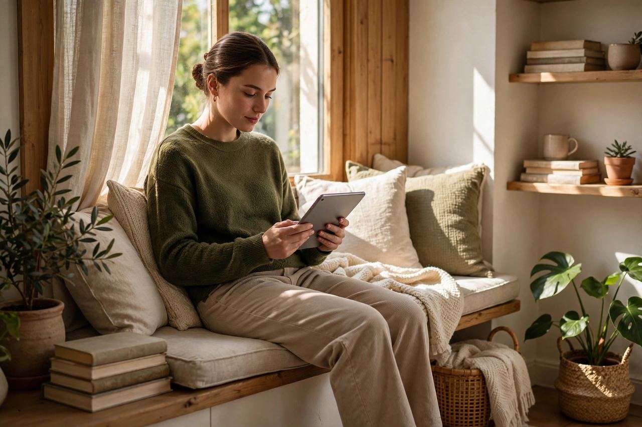 A person in a cozy sweater reading a blog on a tablet in a sunlit reading nook