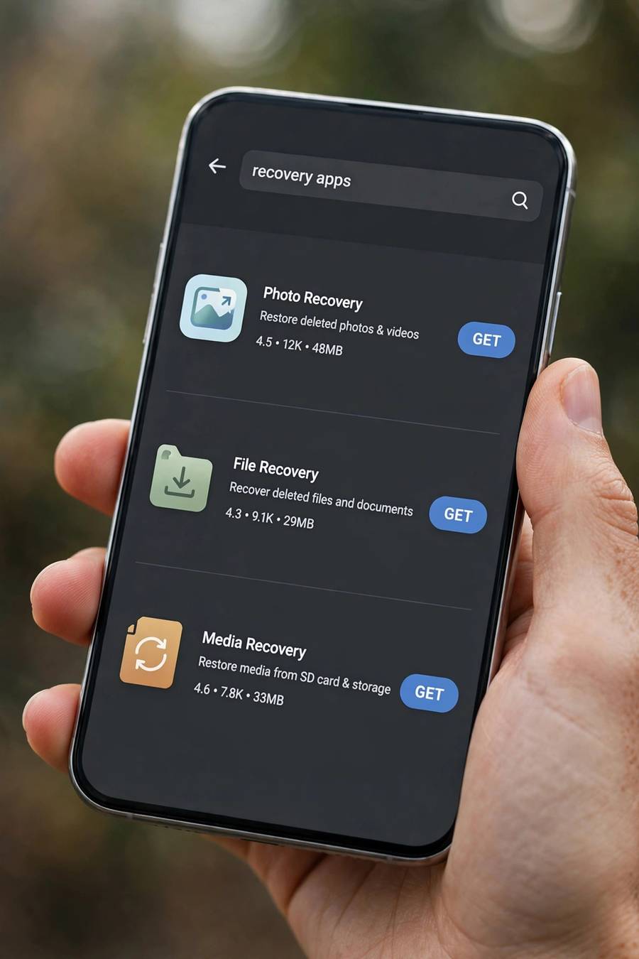 Photo recovery apps listed in a phone app store