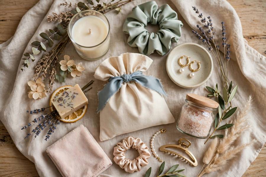 Practical bridesmaid gifts arranged beautifully