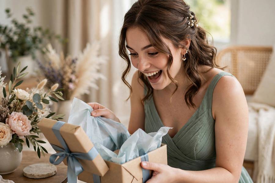 Bridesmaid opening a thoughtful gift