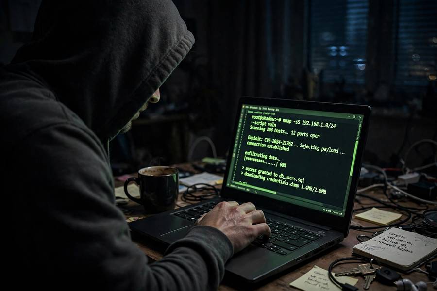 Attacker attempting prompt injection on an AI agent via laptop