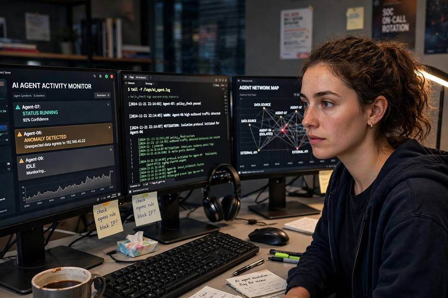Security analyst monitoring AI agents for prompt injection attacks