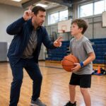 Proper Basketball Shooting Form: The BEEF Method Explained Photorealistic photo of a coach demonstrating BEEF shooting form checkpoints to a young player, gym