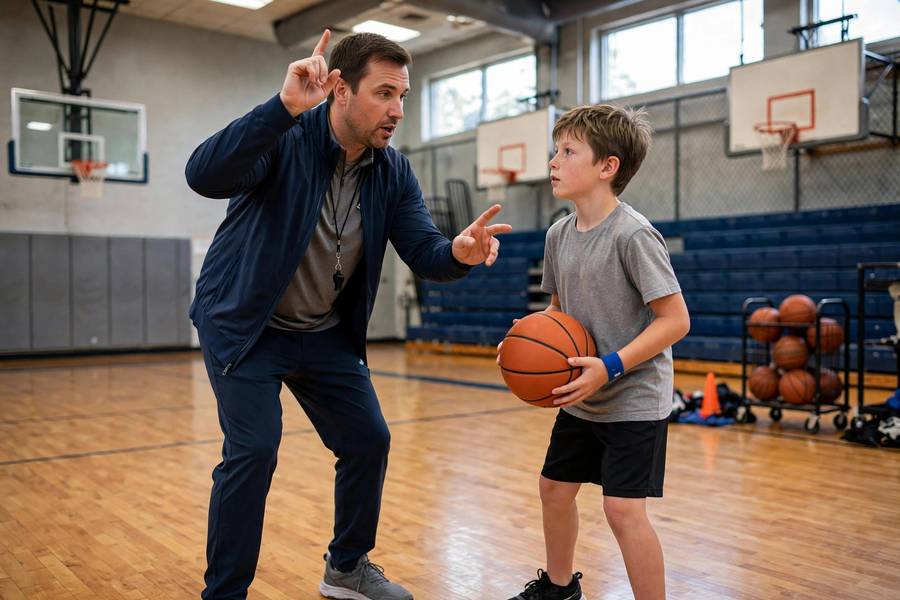 Photorealistic photo of a coach demonstrating BEEF shooting form checkpoints to a young player, gym