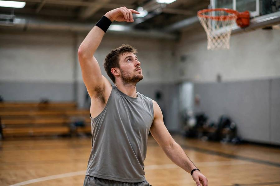 Photorealistic photo of a player holding perfect follow-through after a free throw, eyes on rim