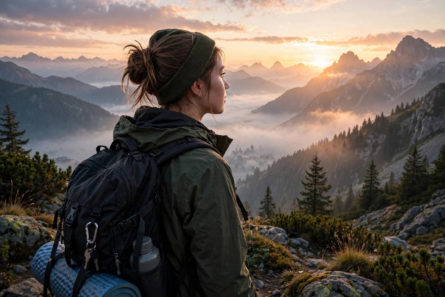 Young traveler on a gap year overlooking mountains at sunrise