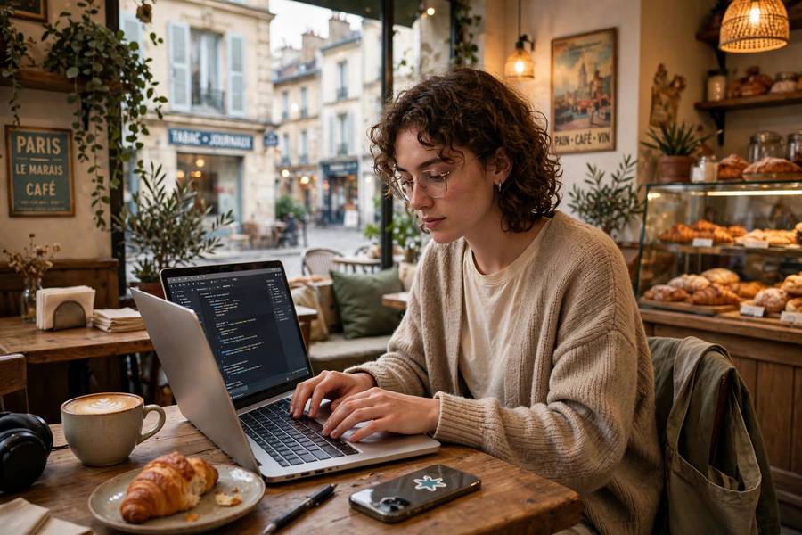 Student working remotely during a gap year abroad