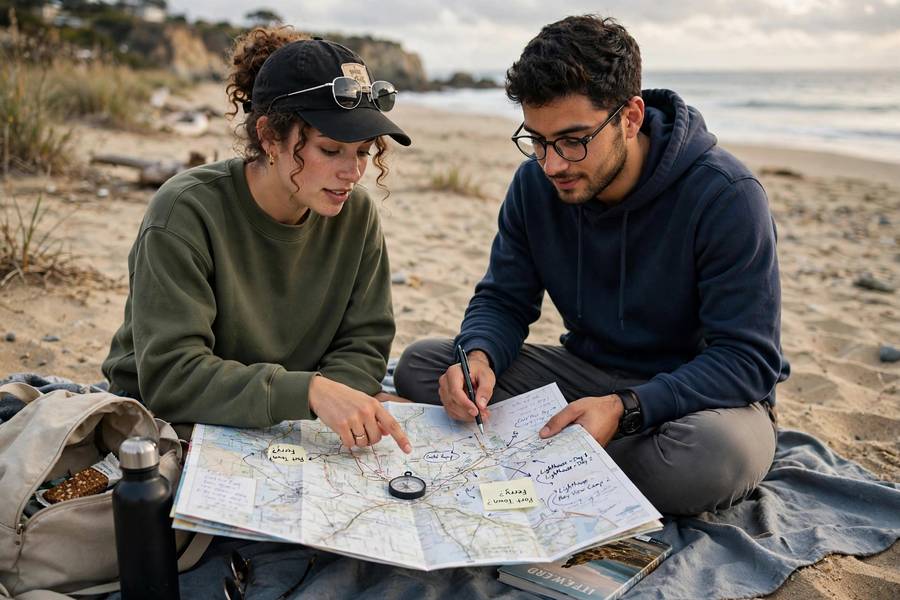 Friends planning gap year travel routes on a beach