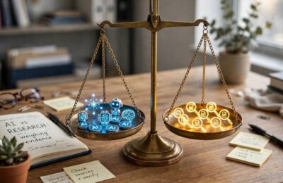 Balance scale weighing the pros and cons of AI search