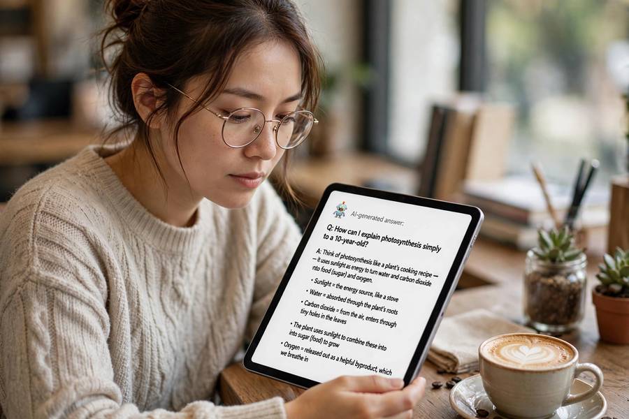 Person evaluating an AI search answer on a tablet