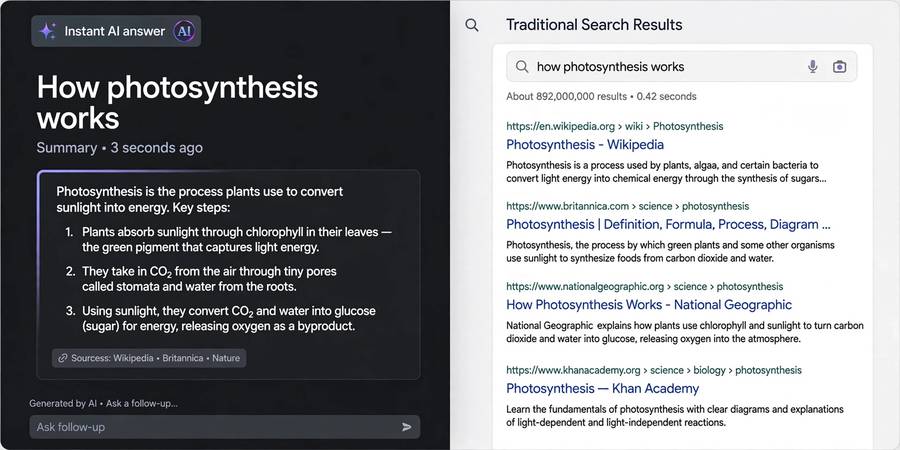 Comparing instant AI answers with traditional search result links