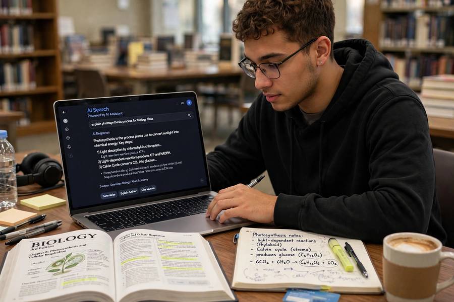 Student combining AI search with traditional reference books