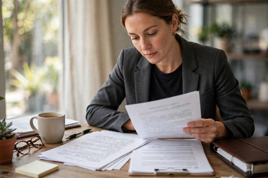 Business buyer reviewing franchise agreement documents at a desk