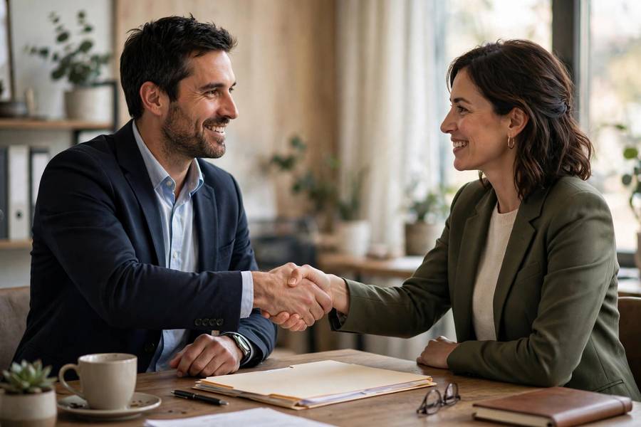 Two business partners shaking hands after signing franchise papers