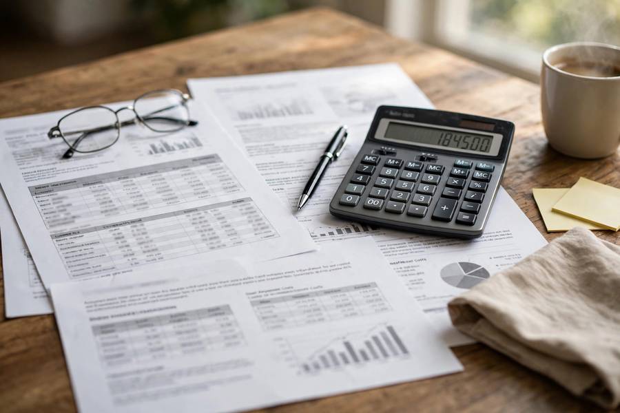 Calculator and financial documents showing franchise investment costs