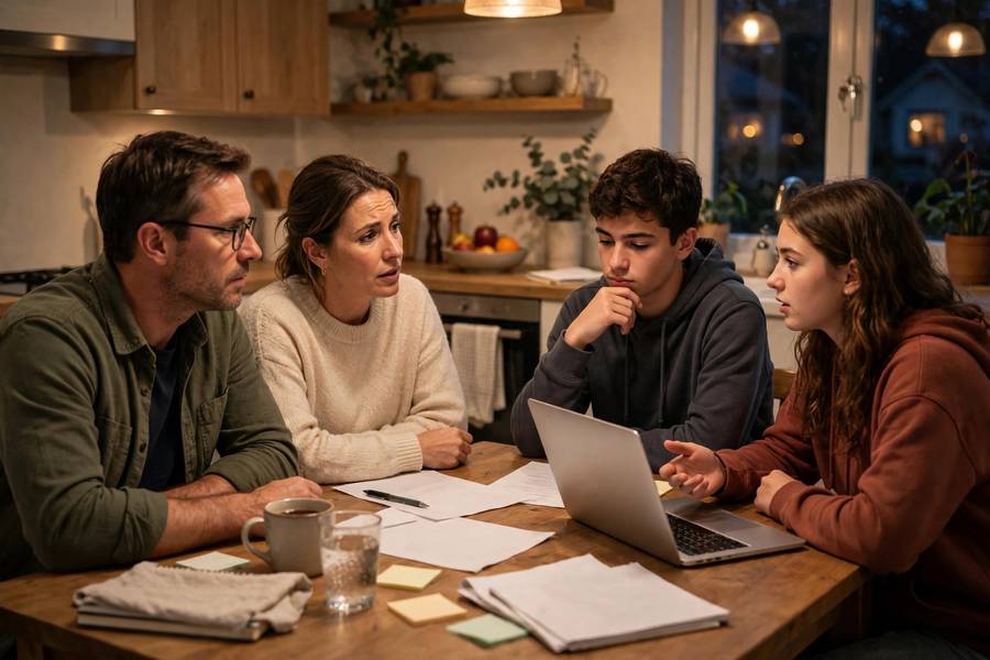 Family discussing college pros and cons at the kitchen table