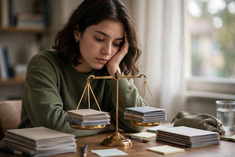 Student weighing two college options with a balance scale concept