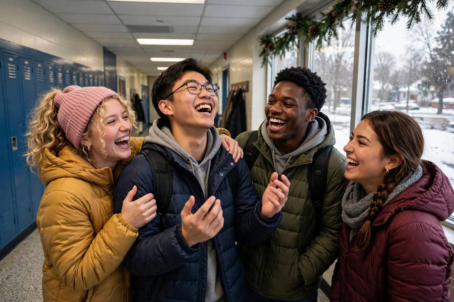 Happy senior celebrating early college acceptance in December