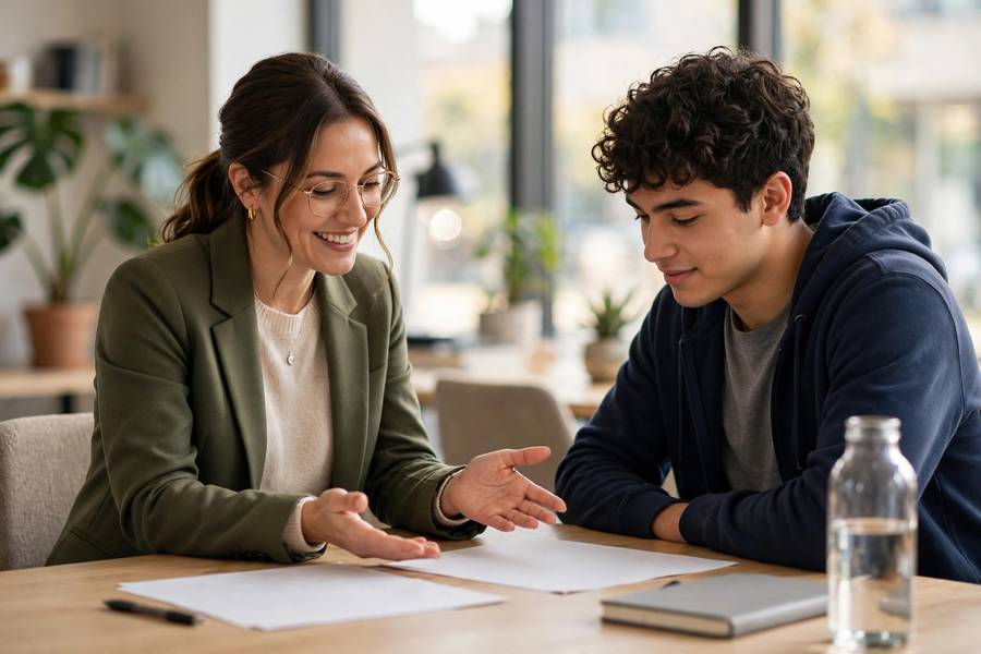 College counselor advising a student in a bright office