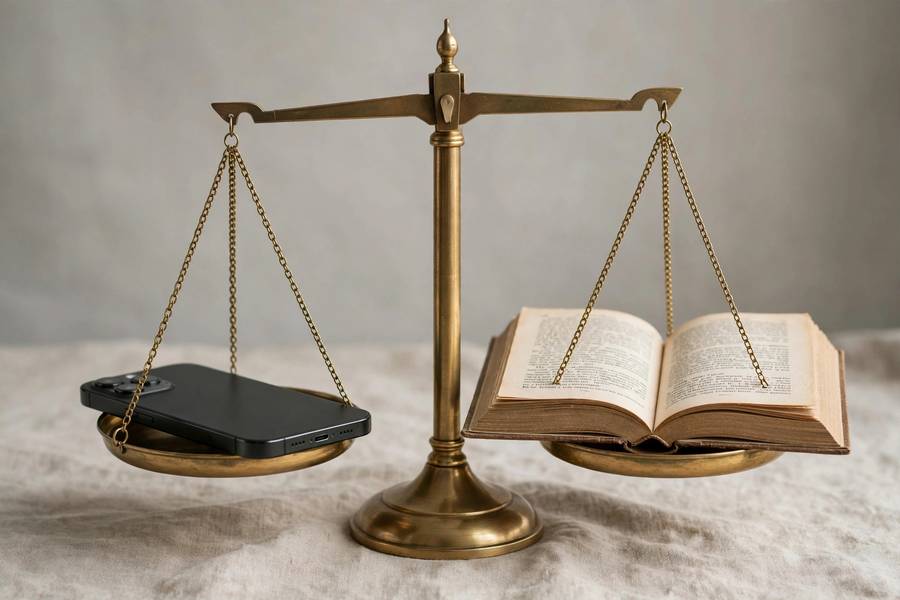Balance scale weighing smartphones against books for recommendation pros and cons