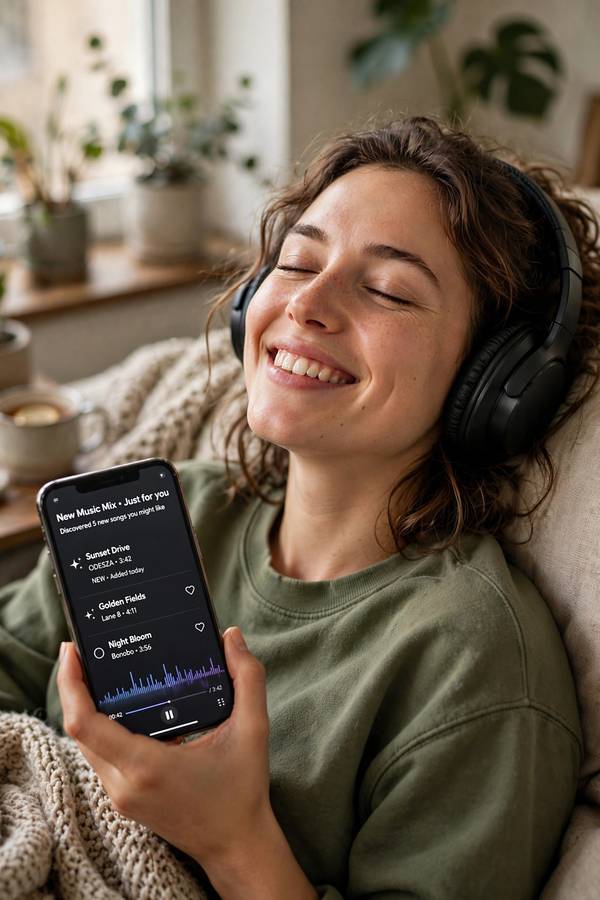 Person joyfully discovering new music through recommendations