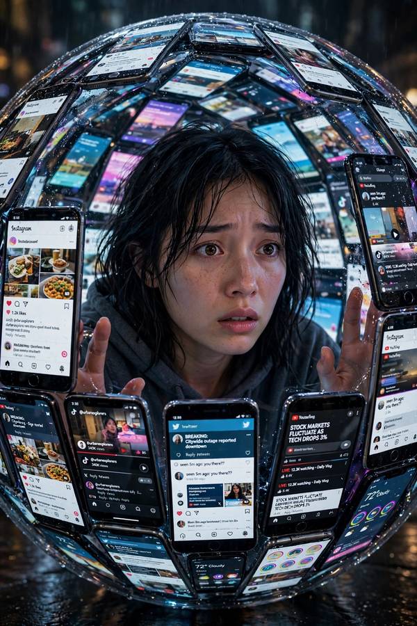 Person inside a filter bubble made of smartphone screens