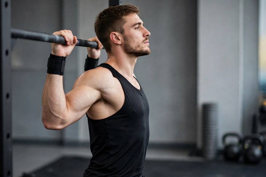 Side profile of an athlete holding perfect pull-up form at the top, chin over bar