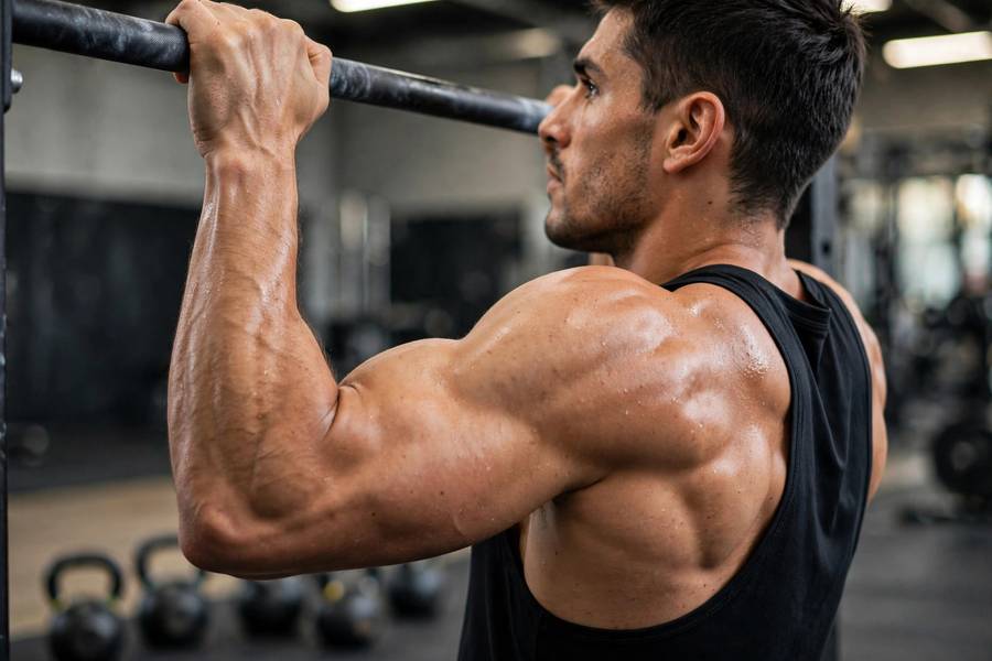 Close-up of engaged back muscles during the scapular initiation of a pull-up