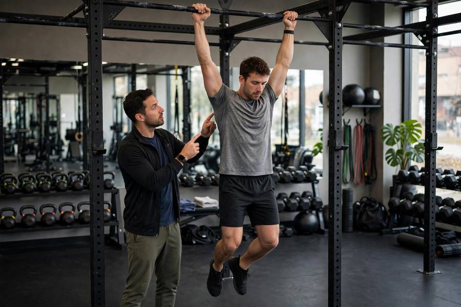 Coach cueing a client's shoulder position during a pull-up session
