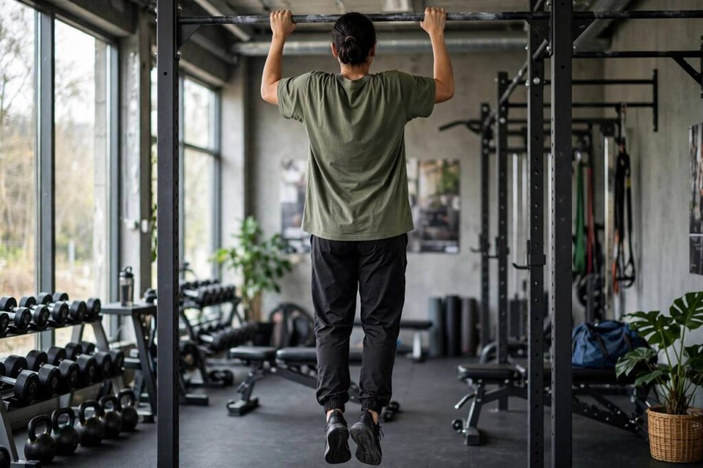 Close-up of a muscular back with defined lats during a pull-up