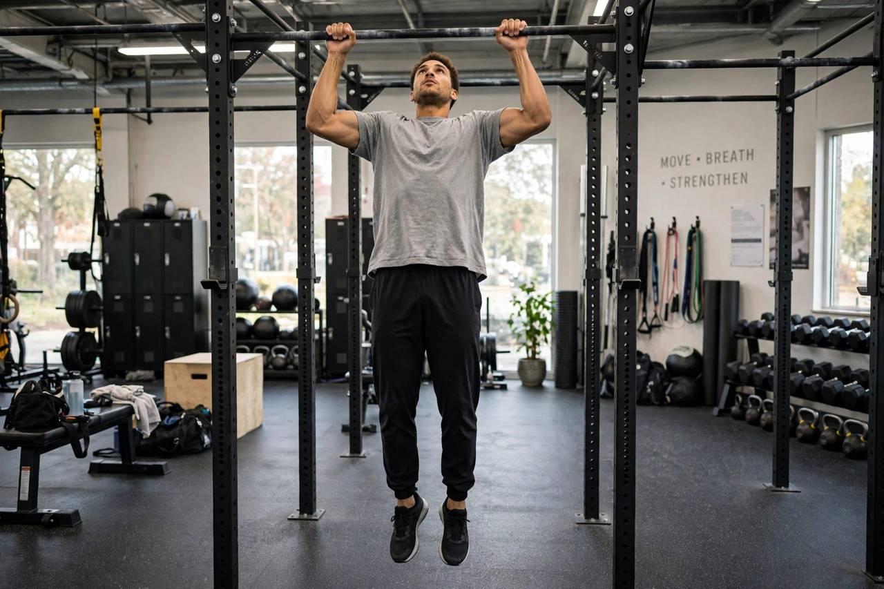Athlete performing a wide-grip pull-up showing full back musculature engagement
