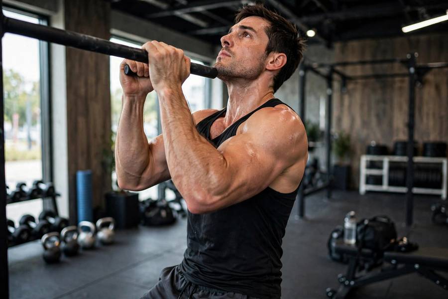 Man doing a chin-up with visible bicep engagement in a gym