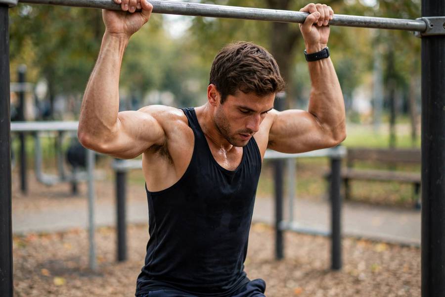 Athlete lowering slowly during the eccentric phase of a pull-up