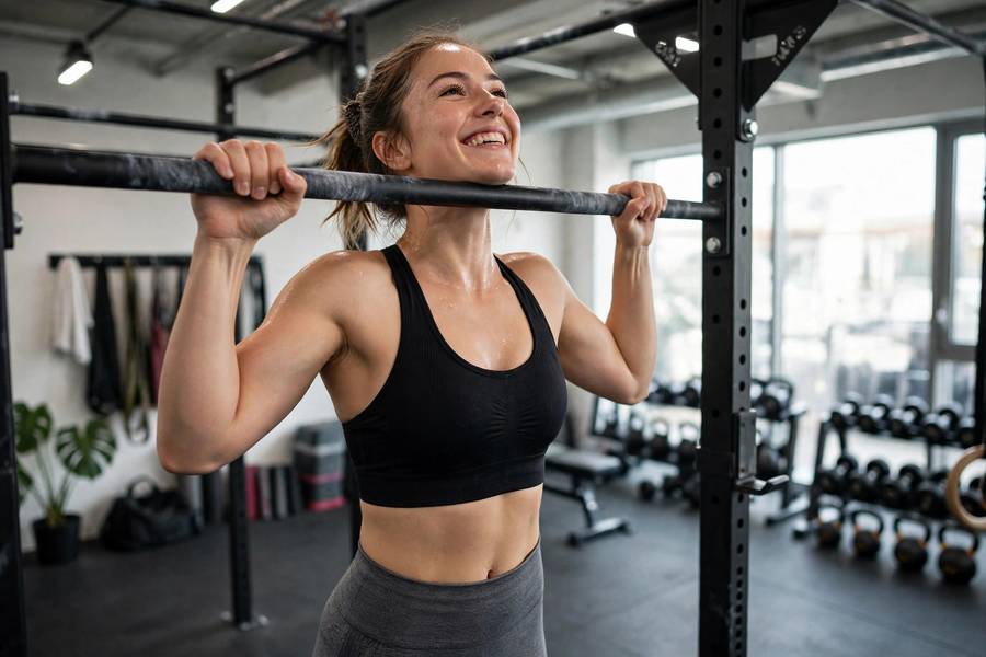 Person holding the top of their first successful pull-up with joy
