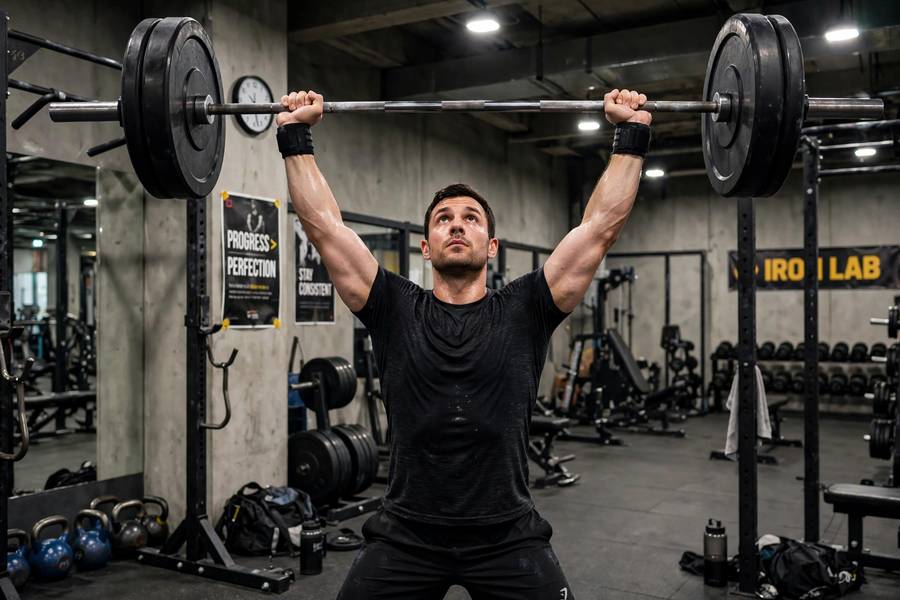 Overhead press on push day of the push pull legs workout routine