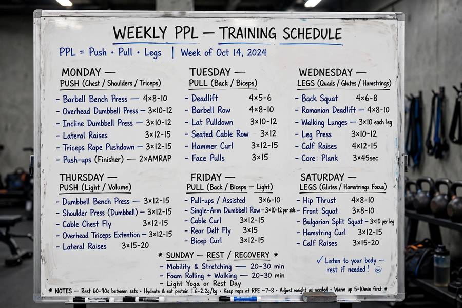 Weekly schedule board for the push pull legs workout routine