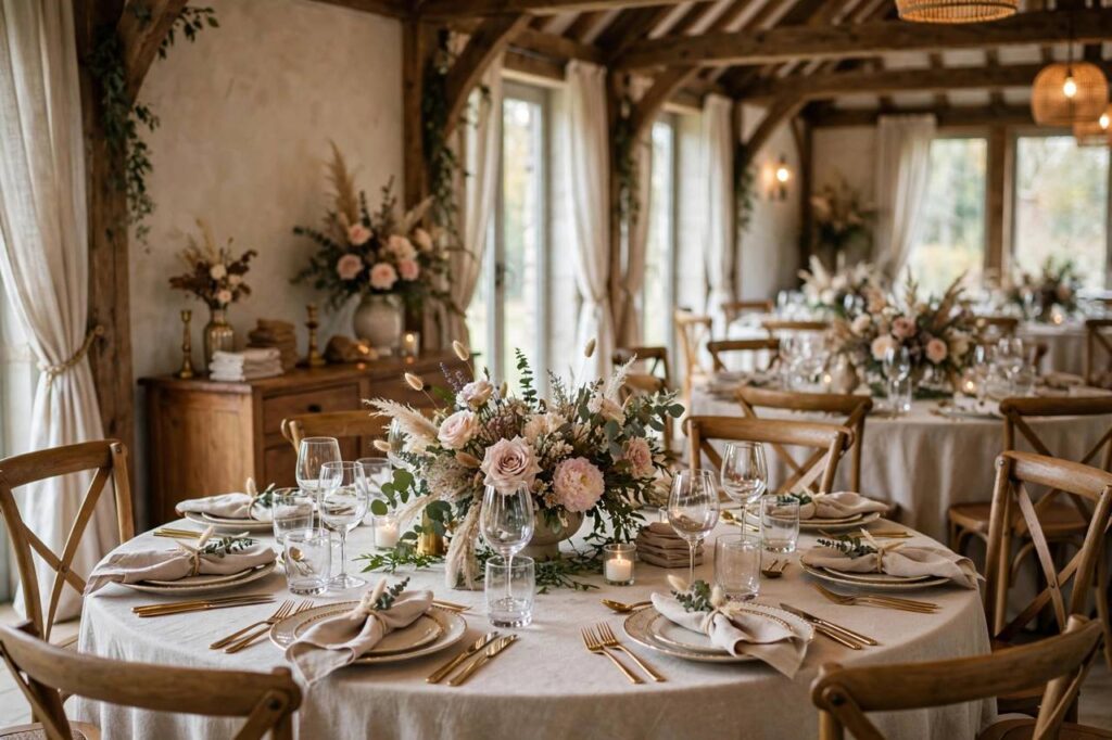 Elegant wedding venue interior with set tables and floral arrangements, no people