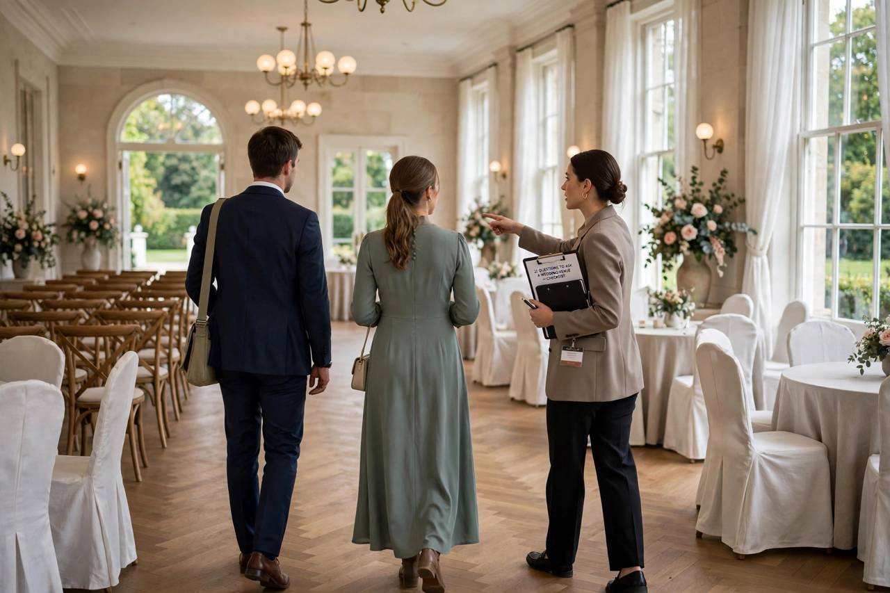 Couple touring a wedding venue with a coordinator, bright elegant hall