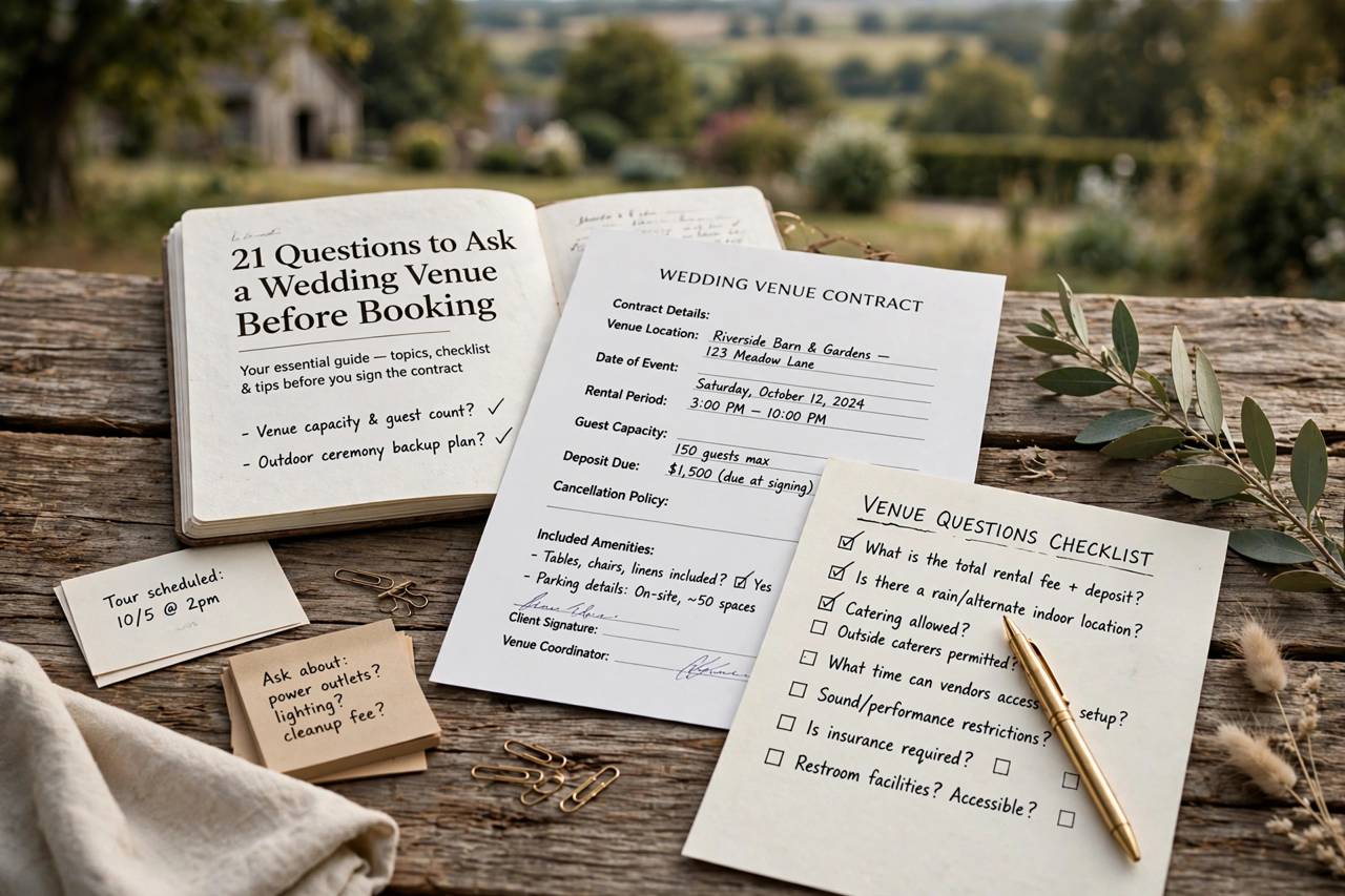 Wedding contract and checklist documents on a table with pen, planning concept