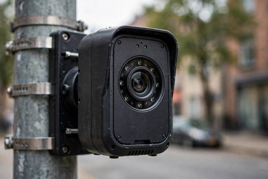 Street surveillance camera illustrating racial bias in AI policing systems
